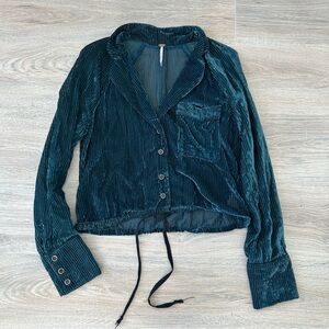 Free People blue/green Velvet Aspen Nights Button Up long sleeve top